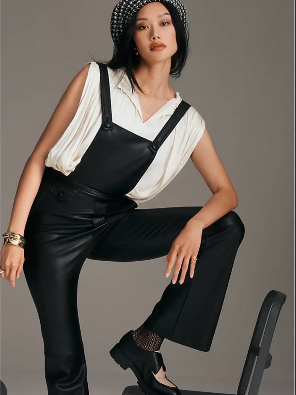 Anthropologie / Maeve Faux Leather Black Suspender Overalls Jumpsuit.